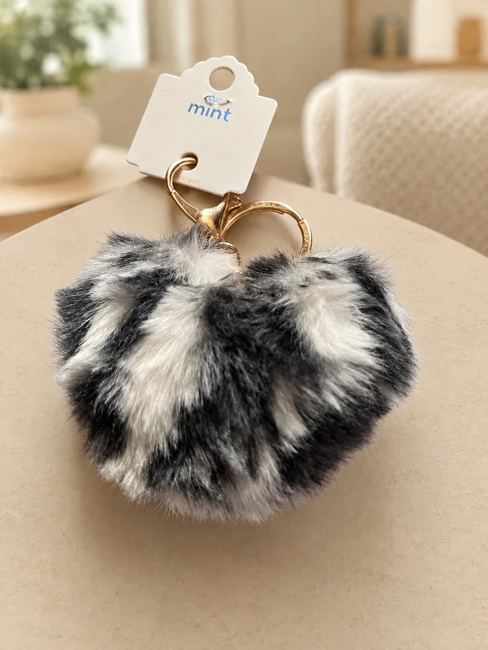 Mint Black & White Faux Fur Heart Keychain with Gold Ring